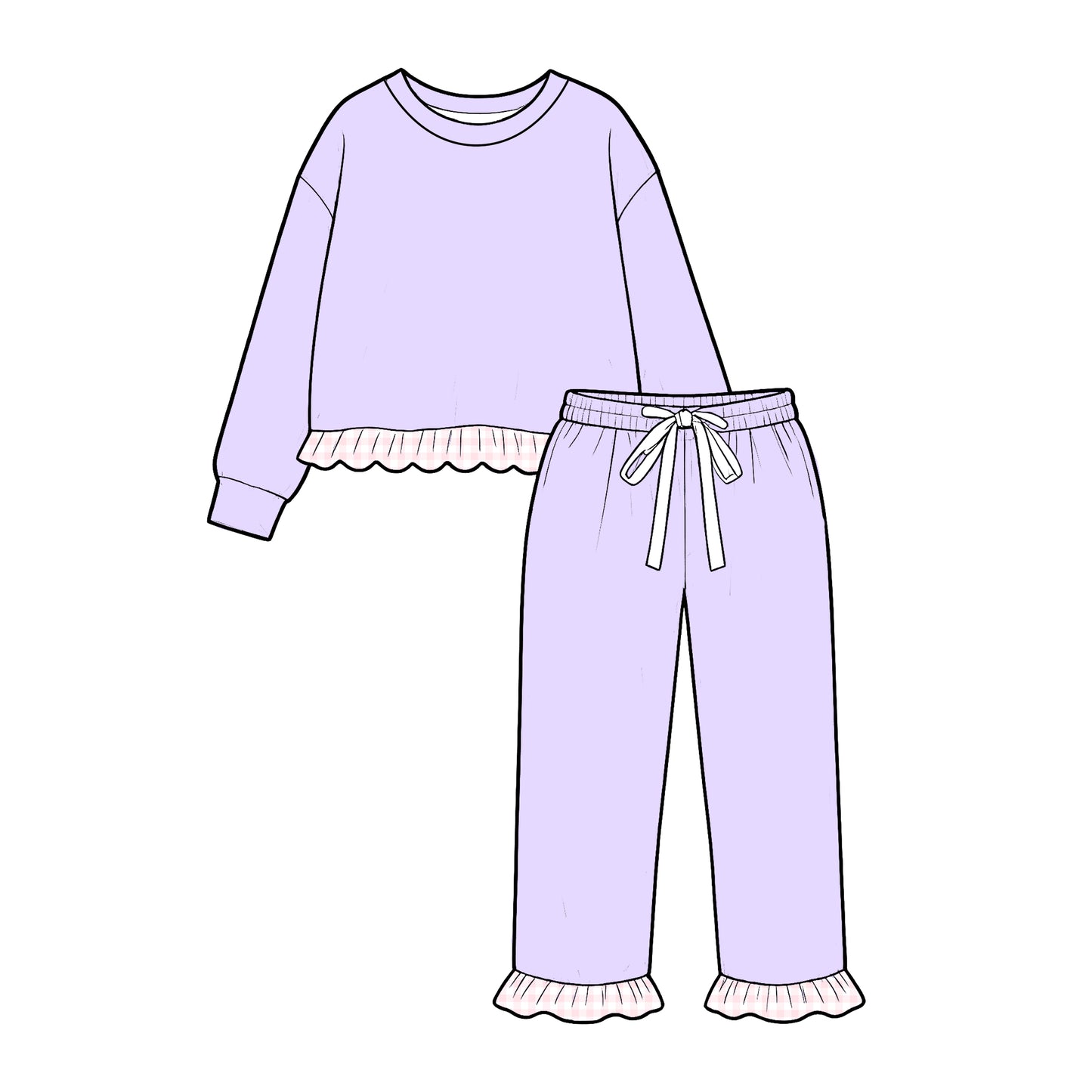custom moq 5 mix size KYMN0102 Baby Girls Solid Color Long Sleeve Top Scallop Ruffle Hem Drawstring Pant Set