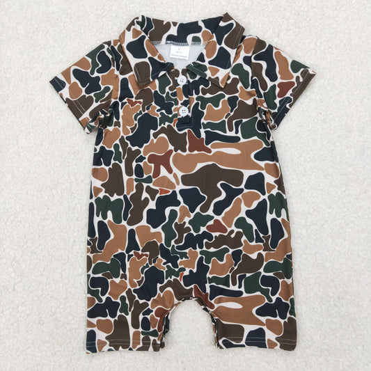 RTS NO MOQ ETA 5/7days arrived SR2979 Beige short-sleeved jumpsuit with brown and green camouflage collar and buttons