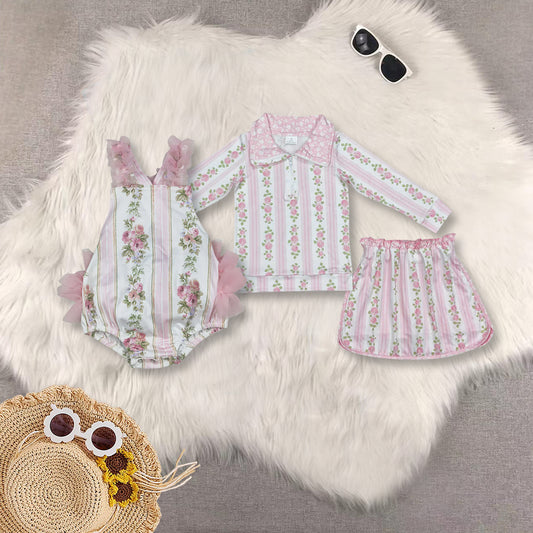 RTS NO MOQ Sibling baby Girls clothes floral long sleeve skirts sets and romper