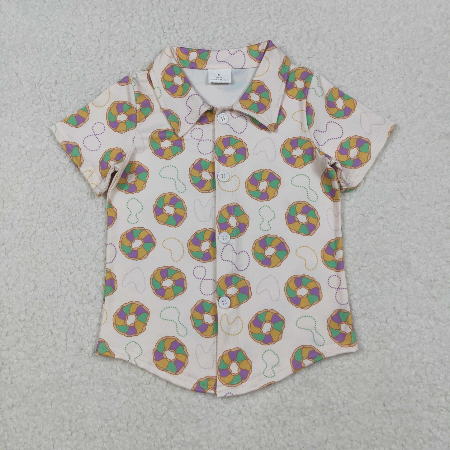 RTS NO MOQ（In Stock) Mardi Gras necklace donut button short-sleeved top