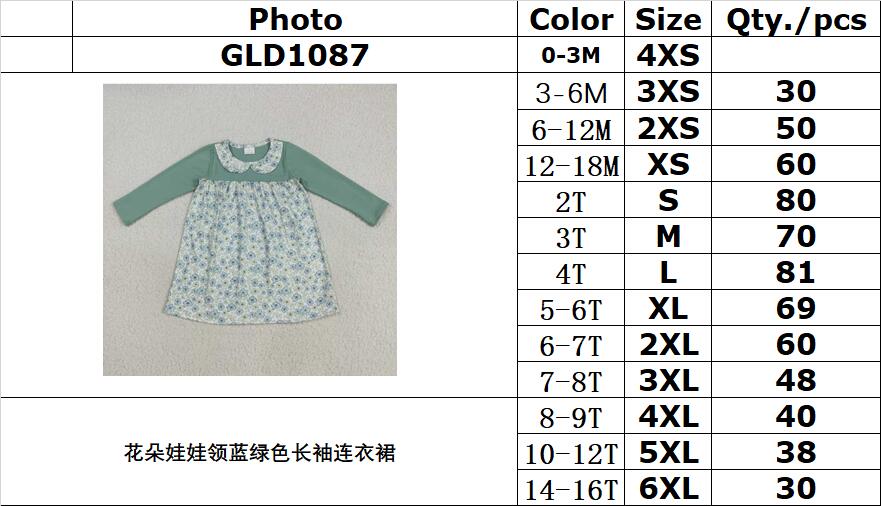RTS NO MOQ（In Stock) GLD1087 Blue-green long-sleeved dress with floral doll collar