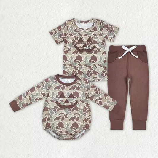 RTS NO MOQ Brown embroidered pumpkin smiley face camouflage short-sleeved trousers set & long-sleeved short romper