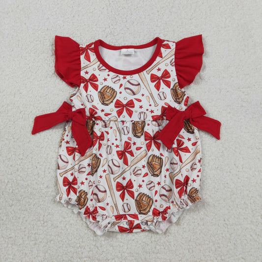 RTS NO MOQ（In Stock ) SR3834 Red bow-patterned baseball glove, white vest jumpsuit