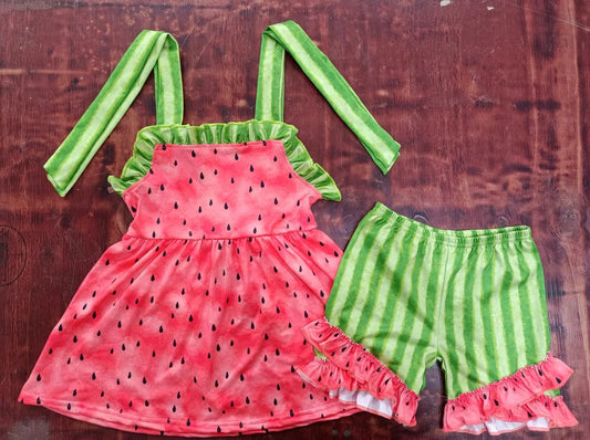 custom moq 5 eta 5weeks summe baby girls clothes watermelon suspender shorts Set
