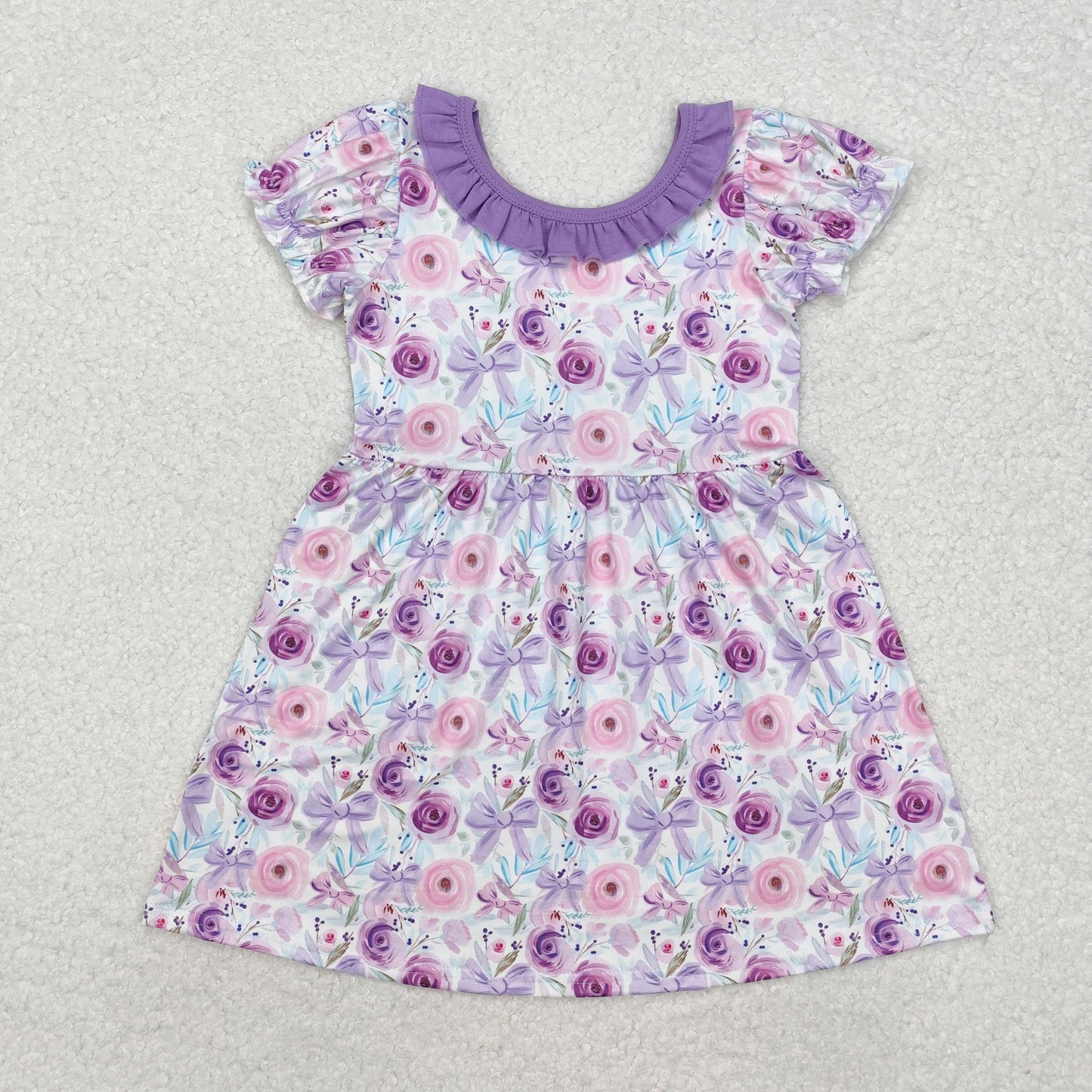RTS NO MOQ ETA 5/7days Arrived GSD1516 Flower bow pattern purple lace short-sleeved dress