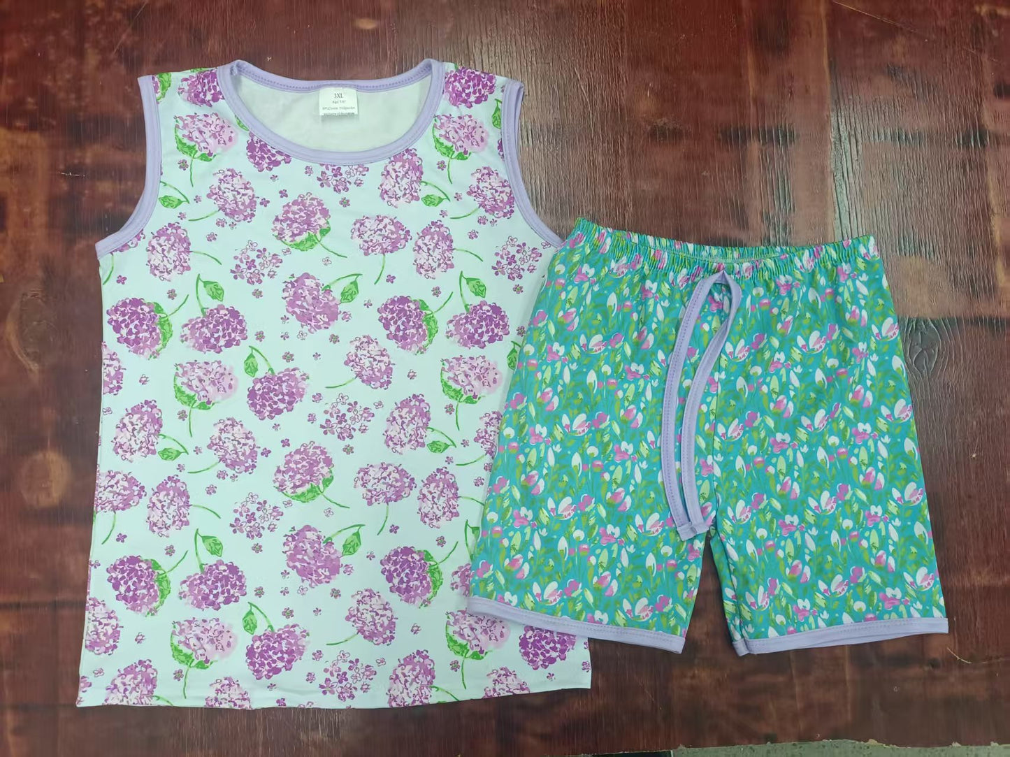 Custom moq 3 eta 6-7weeks baby girls clothes floral purple sleeveless shorts sets