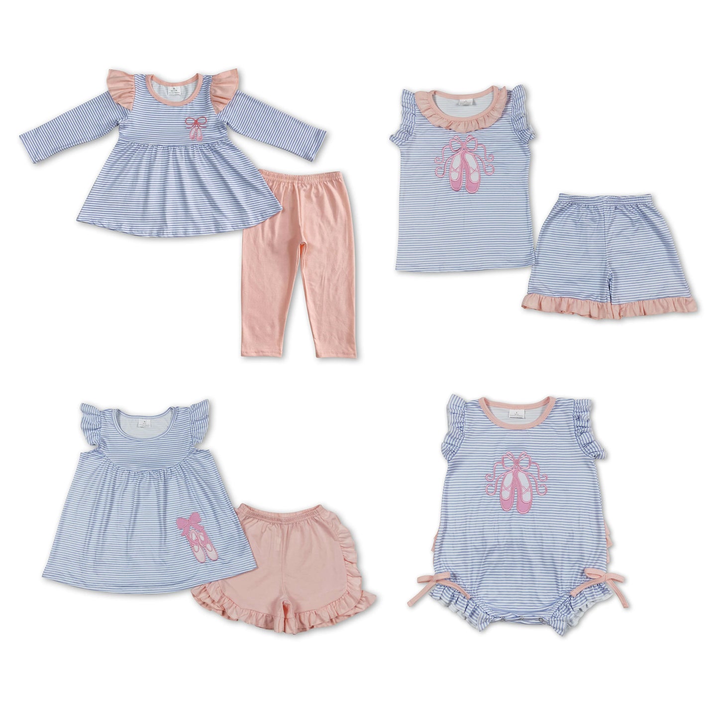 RTS NO MOQ Embroidered pink ballet shoes blue striped flying sleeves long-sleeved suit & short-sleeved shorts suit & climbing suit