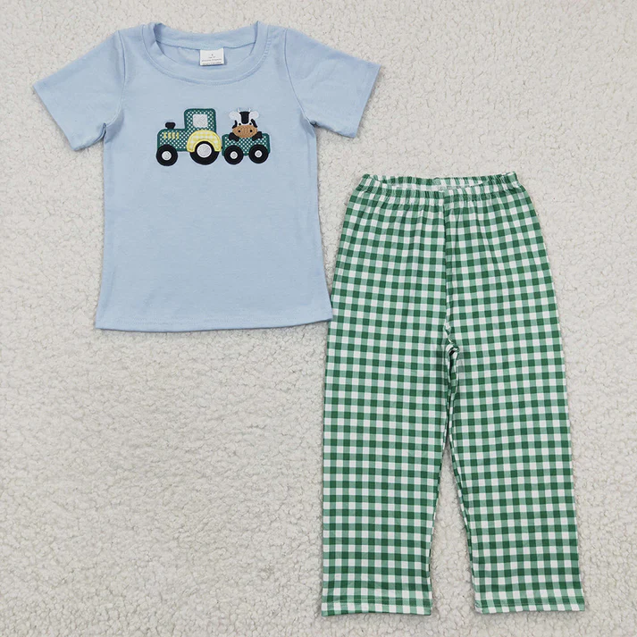 RTS NO MOQ Girls Boys embroidery short sleeve pants Sets