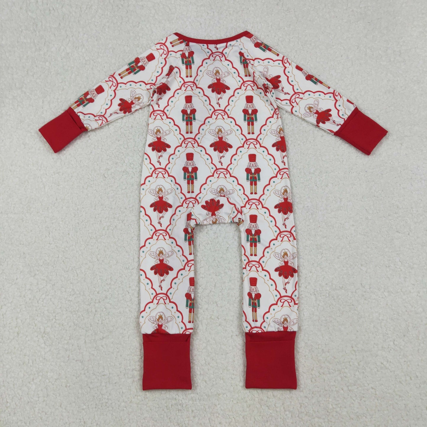 RTS NO MOQ（In Stock) LR2633 Christmas Nutcracker Bow Pattern Plaid Pink Zip Long Sleeve Romper