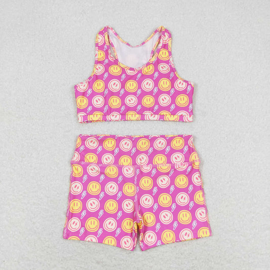 rts no moq GT0520+SS0217 Smiley lightning rose red sleeveless top Shorts sets