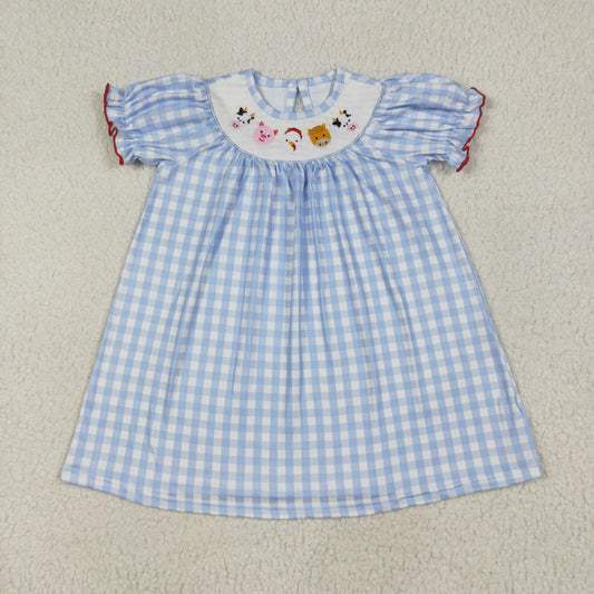 RTS NO MOQ（In Stock) GSD2275 Smocked embroidered farm blue and white plaid short-sleeved dress