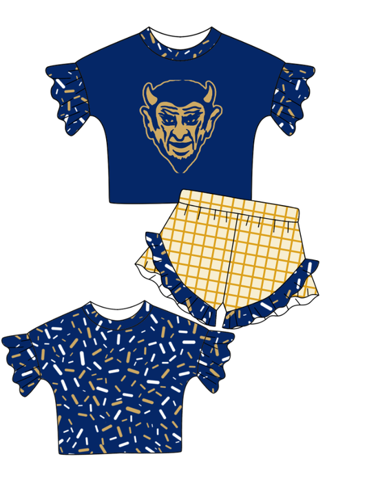 Custom moq 5 mix size milk silk summer teams baby girl clothes blue short sleeve shorts sets
