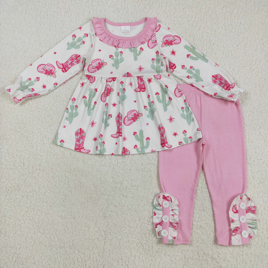 RTS NO MOQ（In Stock) GLP2367 Beige Long-Sleeved Pants Set with Floral Boots and Cactus Pink Lace