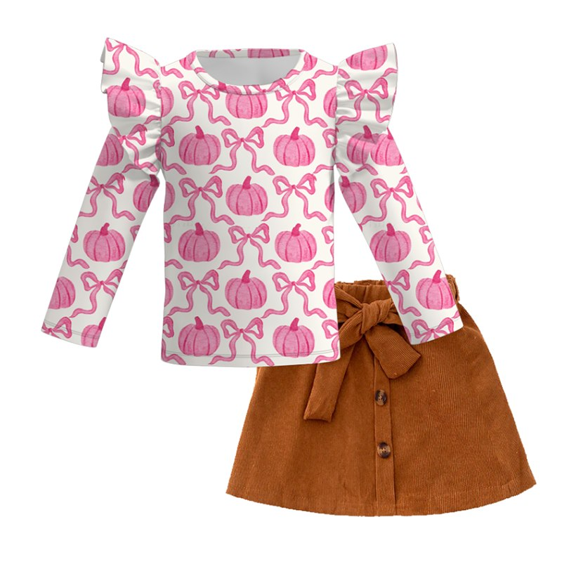 Custom moq 5 each style eta 6-7weeks baby girl clothes bow pumpkin long sleeve skirts sets-25.8.1