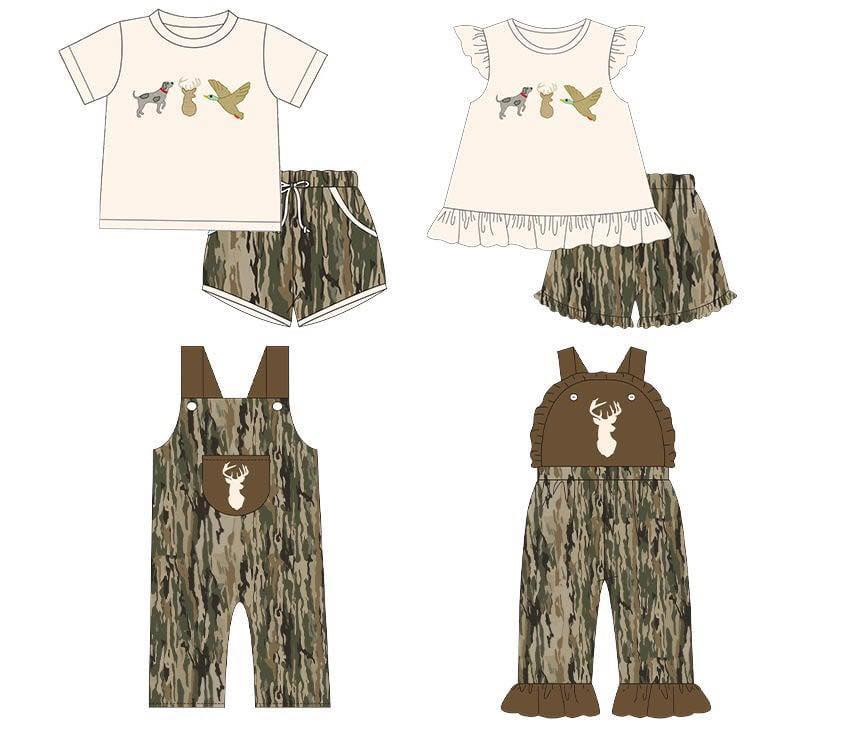 (Pre Order) No moq Camouflage Shorts Set for Boys And Girls with Dog Deer And Duck Print Short-Sleeved Top And Overalls Kids' Outdoor Clothing