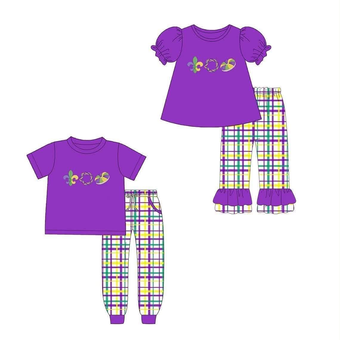 (Preorder new) No moq Toddler Girls And Boys Short Sleeve Purple Top And Plaid Ruffle Pant Set