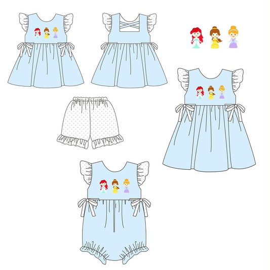 (Pre Order) No moq milk silk Cute Clothes Baby Girls Blue Ruffle Flutter Sleeve Top Shorts Set Matching Romper Dress