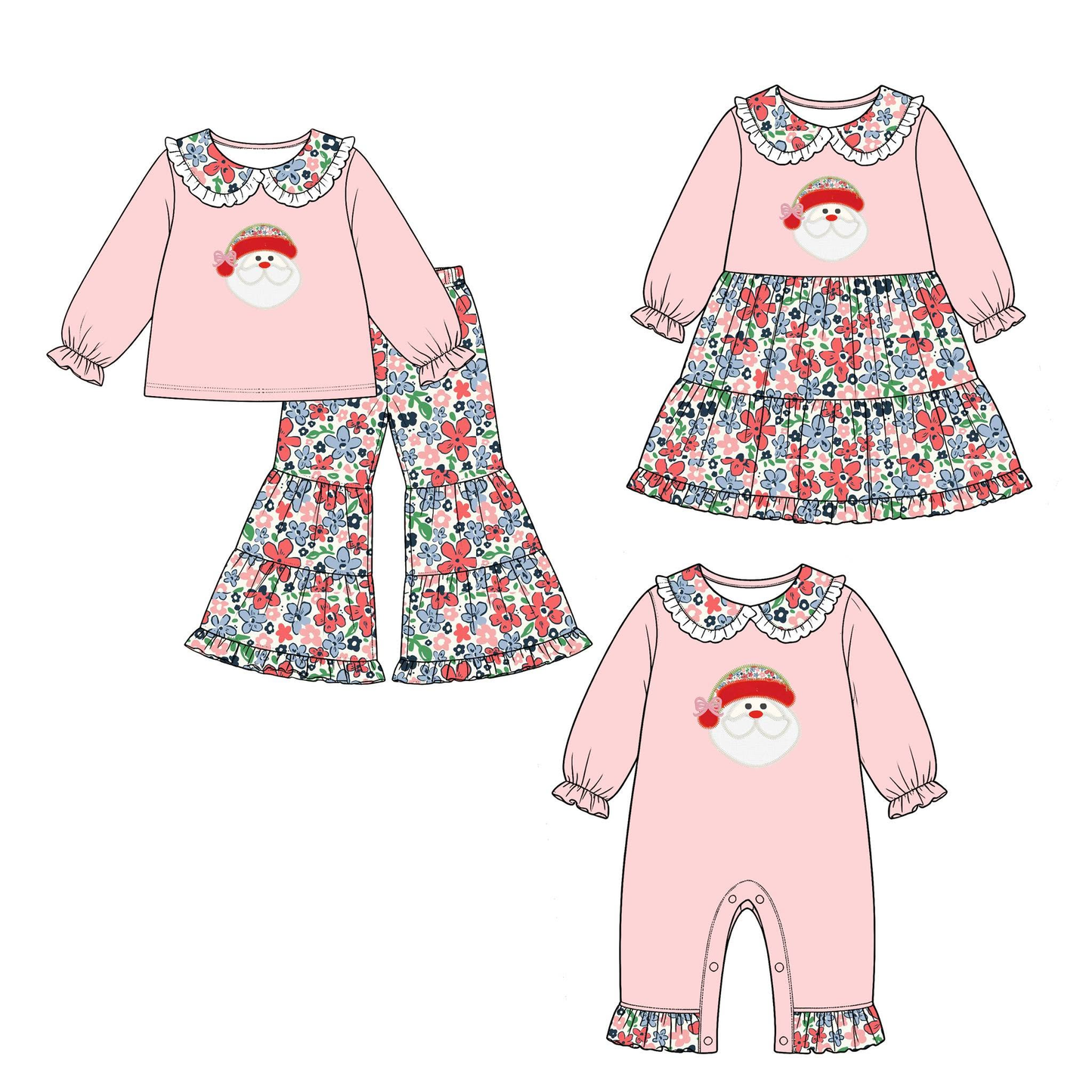 (Preorder new) No moq Baby Girls Christmas Santa Long Sleeve Top Bell Bottom Pant Clothes Set Rompers Dress