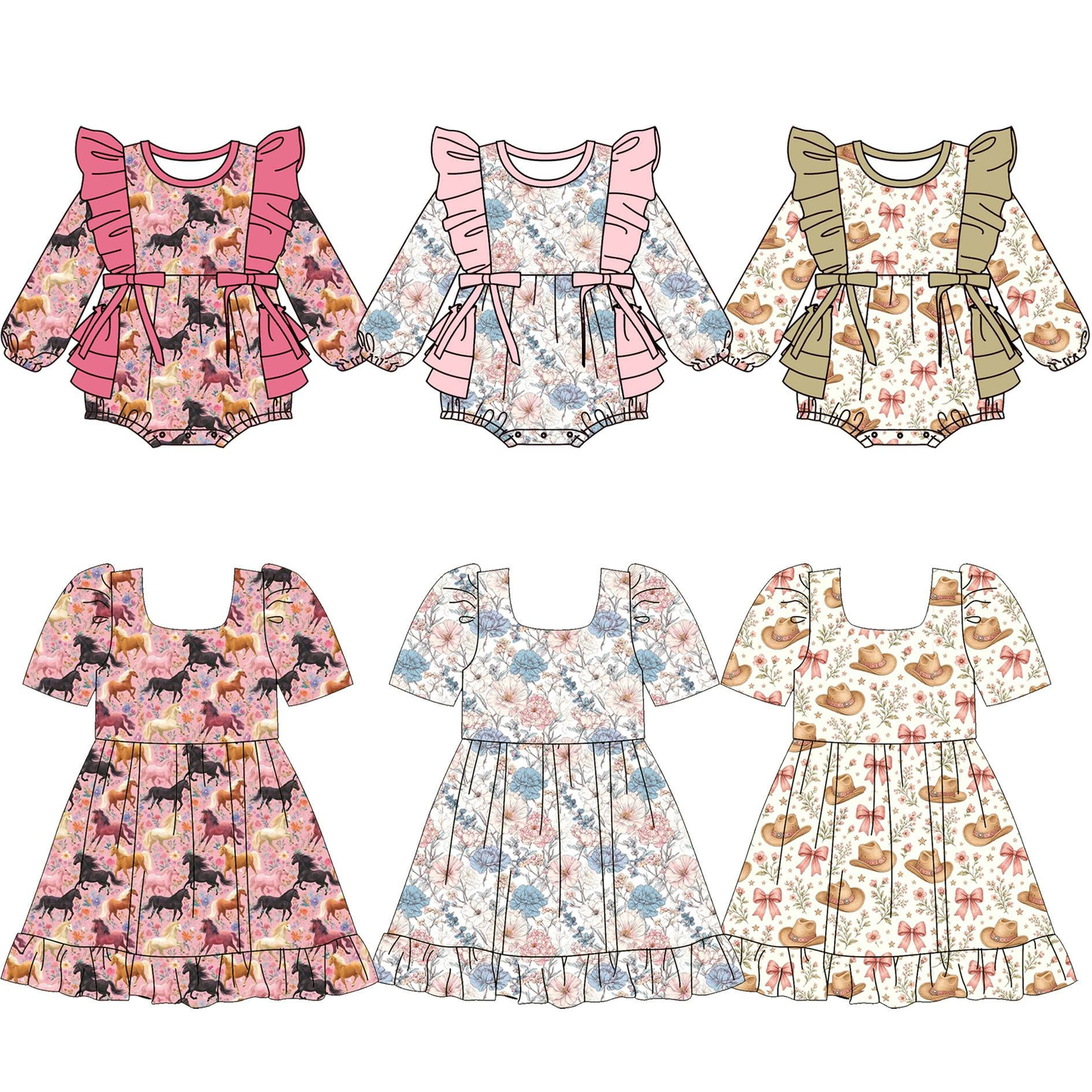 (Preorder new) No moq Baby Girls Western Horse Floral Print Square Neck Puff Short Sleeve Ruffle Hem Dress Rompers