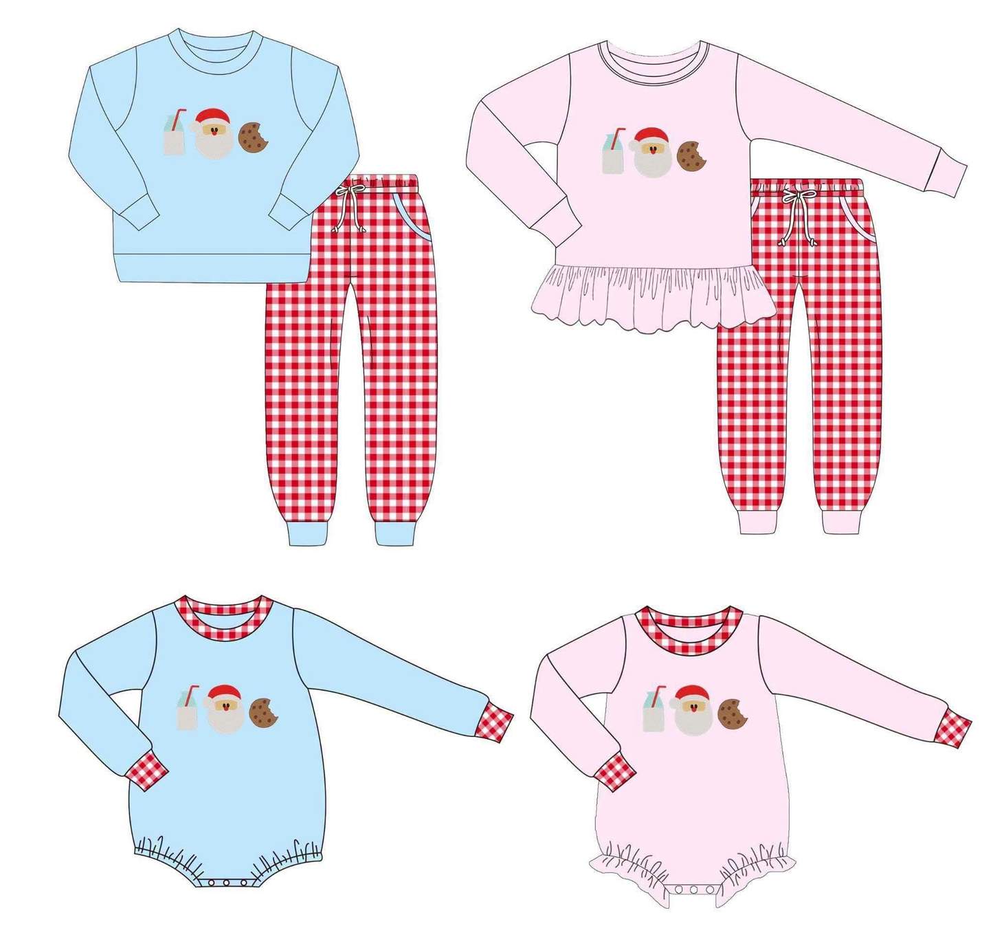(Preorder new) No moq Baby Boys Girls Santa Milk Print Top Checked Pocket Jogger Matching Christmas Clothes Set Rompers