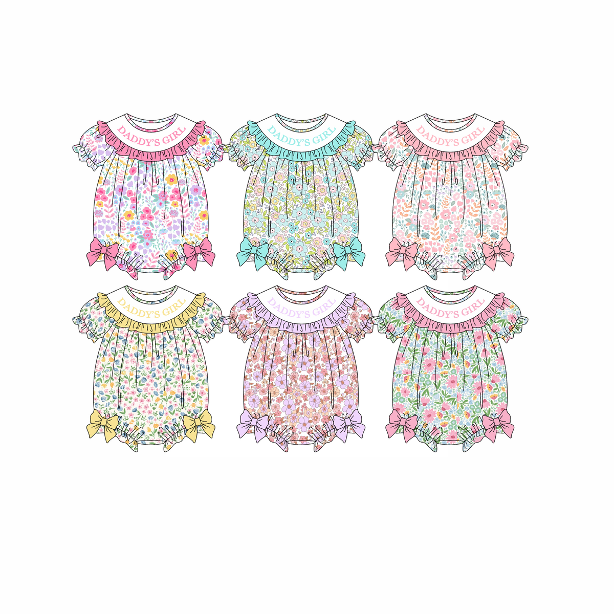 (Preorder new) No moq Baby Girls Floral Print Baby Bubble Romper With Ruffle Collar And Side Bows
