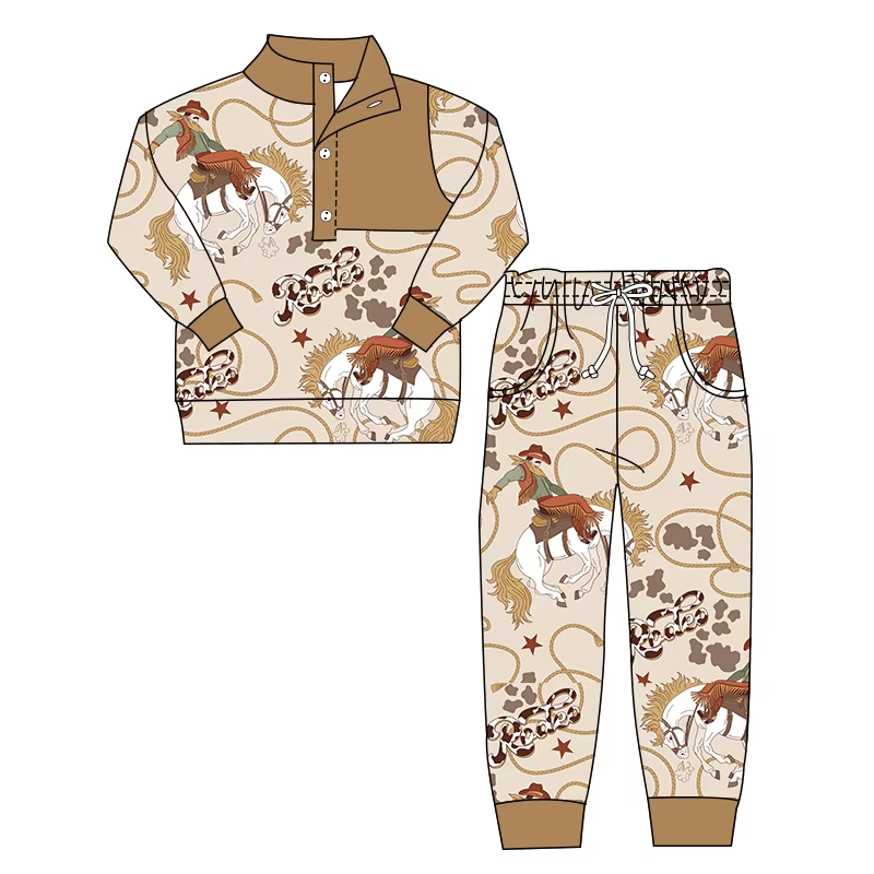 Custom moq 5 mix size milk silk summer baby boy clothes riding horse long sleeve pants sets-25.8.15