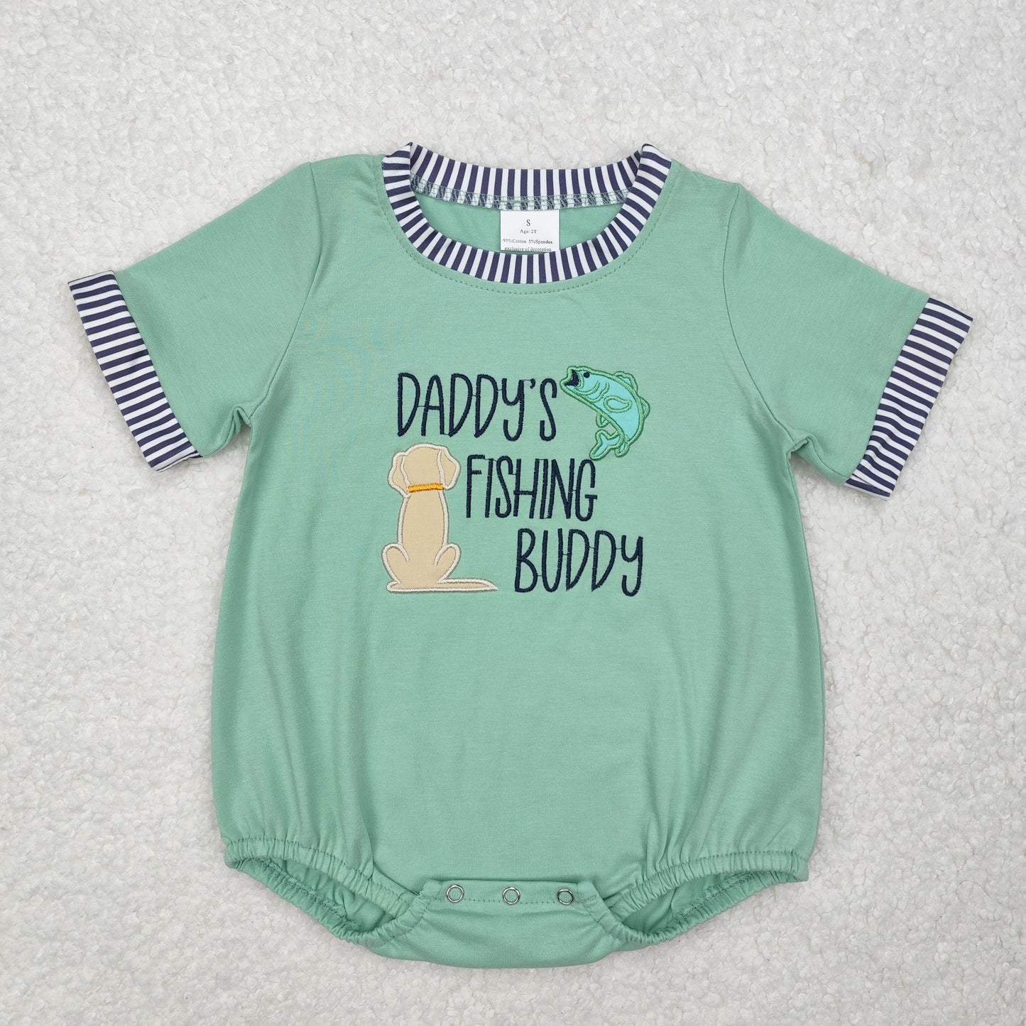RTS NO MOQ（In Stock) Embroidered daddy's fishing buddy fish puppy stripe green short sleeve onesie