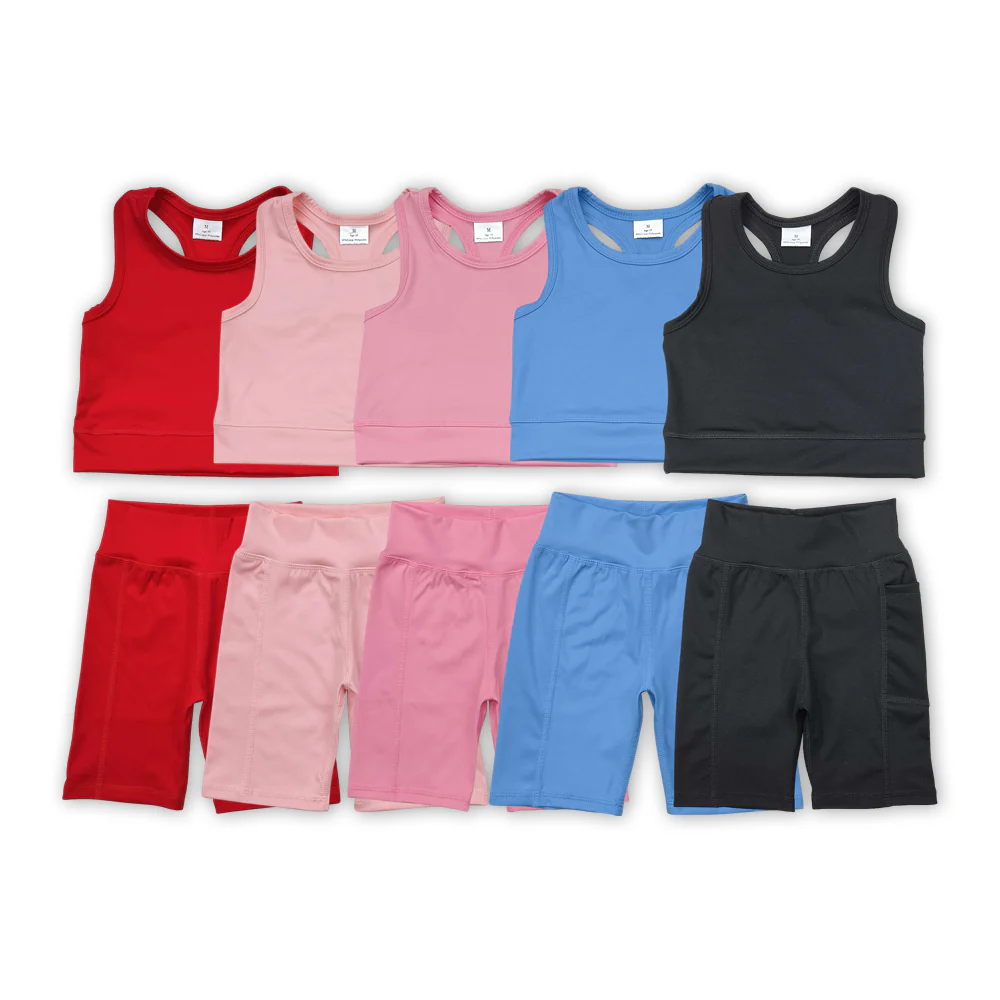 RTS NO MOQ baby girls Clothes yoga solid color short sleeve shorts Sets