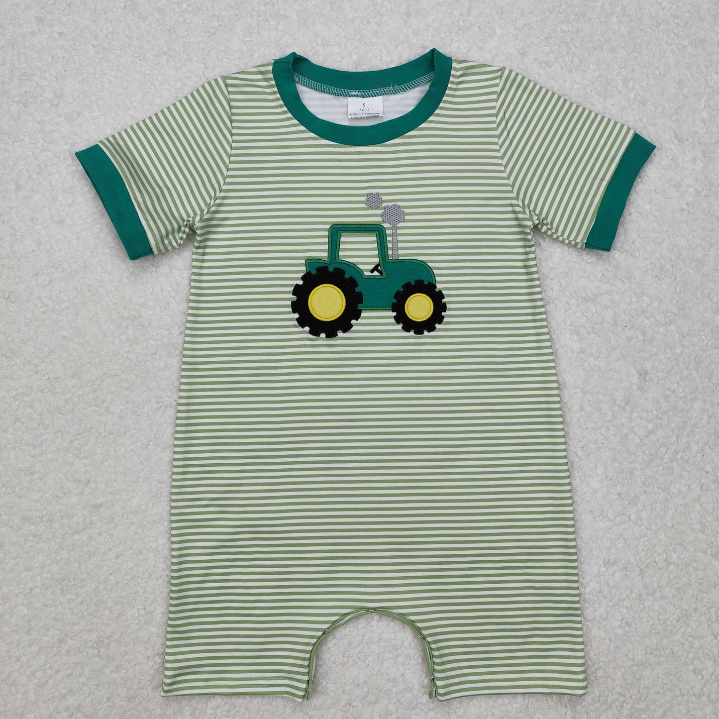 RTS NO MOQ ETA 5/7days arrived SR2431 Embroidered farm tractor green striped short sleeve jumpsuit