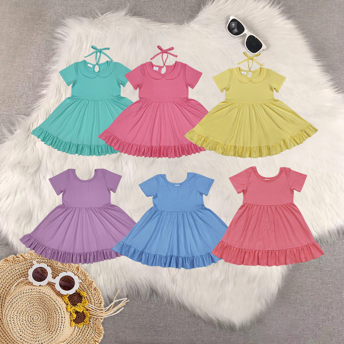 RTS baby girls clothes solid color short Sleeve dress