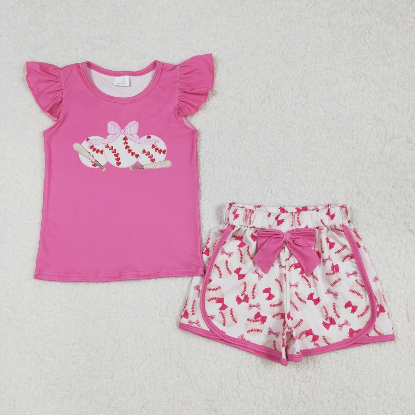 RTS NO MOQ ETA 5/7days Arrived GSSO1685 Bow baseball rose red flying sleeve shorts set