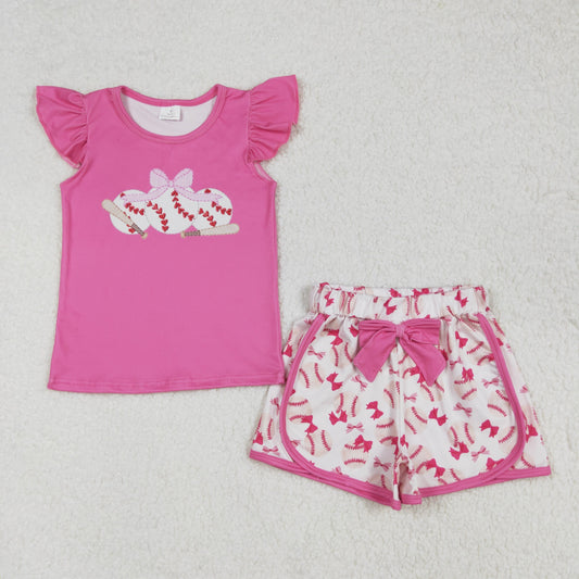 RTS NO MOQ ETA 5/7days Arrived GSSO1685 Bow baseball rose red flying sleeve shorts set