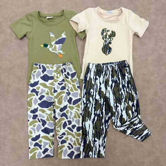 RTS NO MOQ Sibling baby boy clothes embroidered duck camouflage short sleeve trousers suit