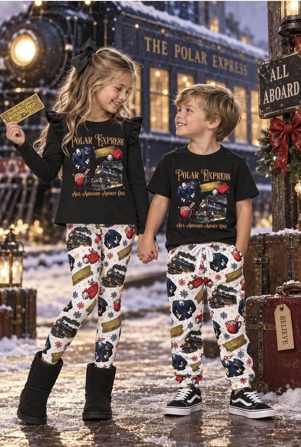 custom moq 5 mix size LHGNDN0117 Girls And Boys Print Long Sleeve Top And Snowflake Train Full Print Jogger Pants Christmas Clothes Set