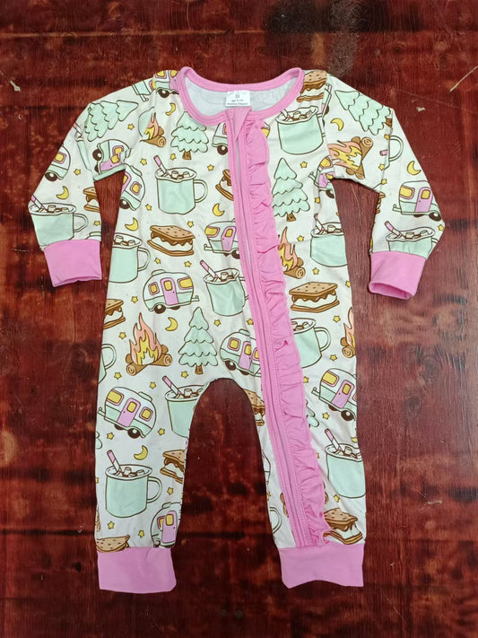 Custom moq 3 eta 6-7weeks Firewood-water cup-cake-school bus experience pink long zippered climbing suit