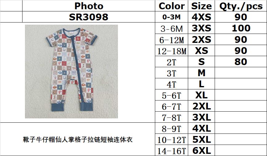 RTS NO MOQ SR3098 Boots cowboy hat cactus plaid zip-up short-sleeved jumpsuit