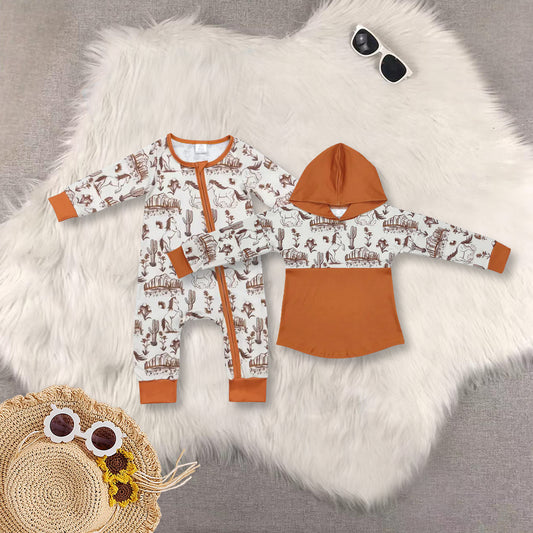 RTS Sibling baby boy clothes horse long Sleeve top and rompers
