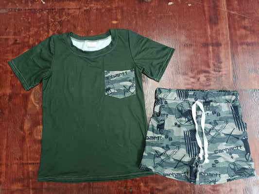 Custom moq 3 eta 6-7weeks baby boys clothes dark green short Sleeve shorts sets