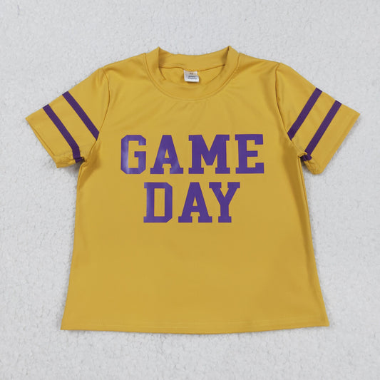RTS NO MOQ（In Stock) GT1100 Game Day Offset Purple Lettering Striped Yellow Yoga Short-Sleeved Top