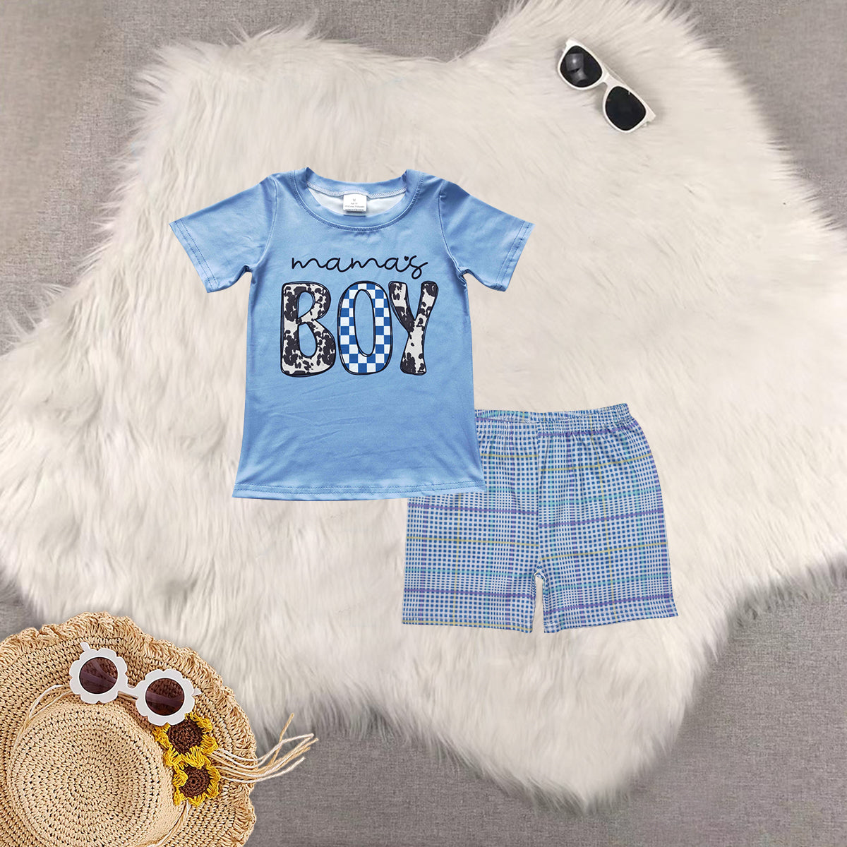 RTS NO MOQ BT0183+SS0422 BOY blue short-sleeved top Teal plaid shorts sets