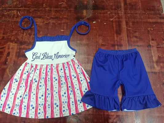 Custom moq 3 eta 6-7weeks baby girls clothes GOD blue sleeveless shorts sets