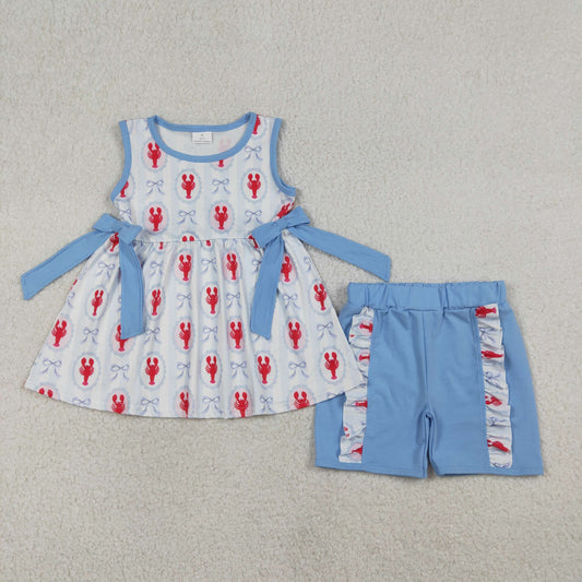 RTS NO MOQ（In Stock) GSSO3051 Blue striped sleeveless lace shorts with lobster pattern and bow pattern