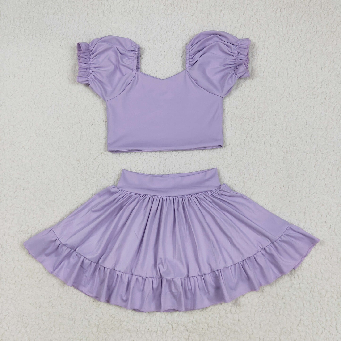 RTS NO MOQ GSD2099 Pure purple lantern sleeve skirt yoga set