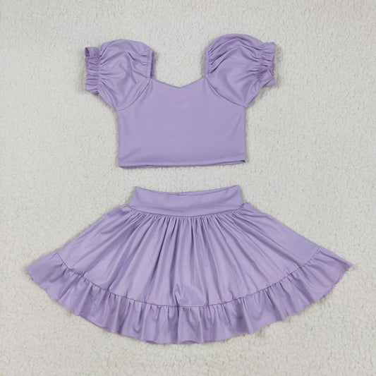 RTS NO MOQ GSD2099 Pure purple lantern sleeve skirt yoga set