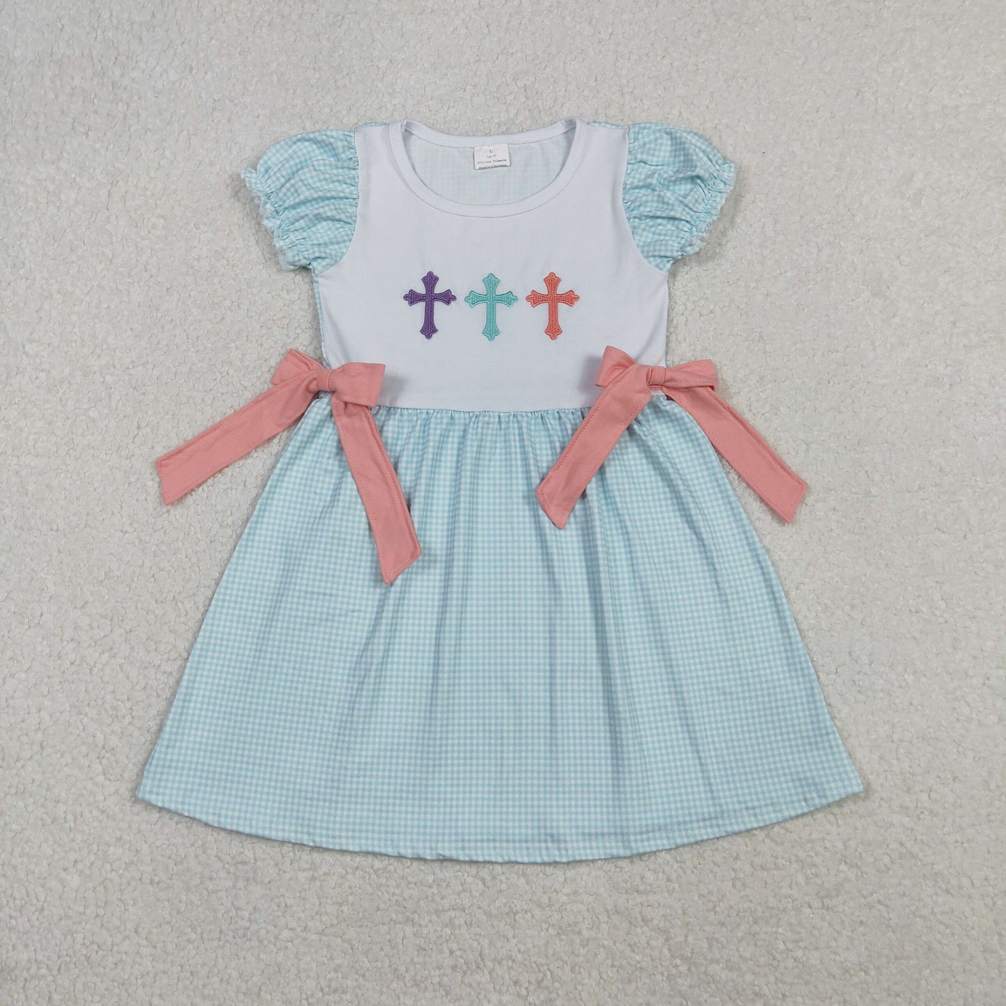 RTS NO MOQ（In Stock ) Embroidered Easter Cross Pink Bow Blue Plaid Short-Sleeve Dress