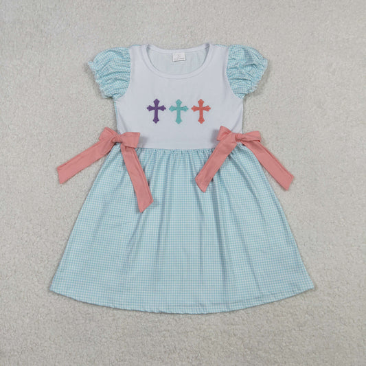RTS NO MOQ（In Stock ) GSD2807 Embroidered Easter Cross Pink Bow Blue Plaid Short-Sleeve Dress