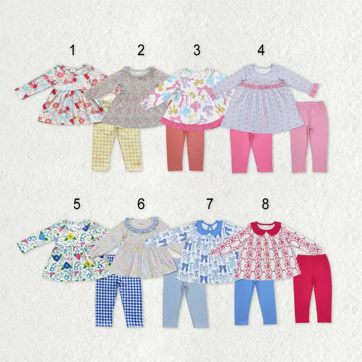 RTS NO MOQ Sibling baby girl clothes floral bow long sleeve pants Sets