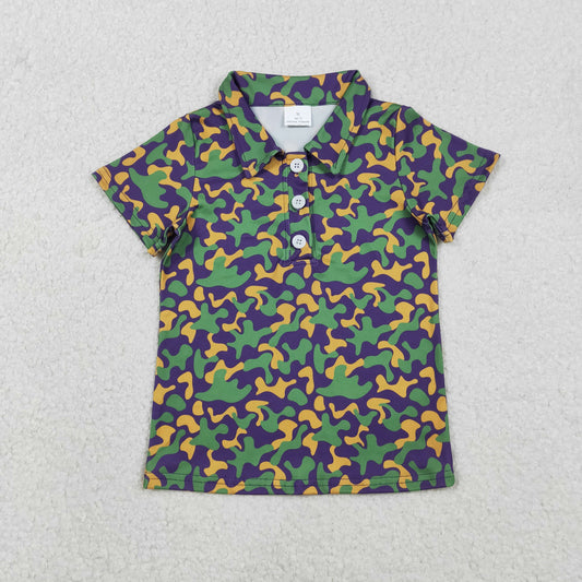 RTS NO MOQ（In Stock) Carnival Camouflage Button-Up Collar Short-Sleeve Top