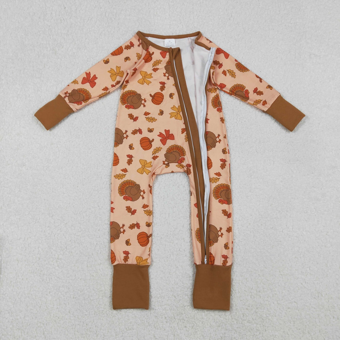 RTS NO MOQ（In Stock) LR2689 Turkey pumpkin bow pattern long-sleeved zip-up bodysuit