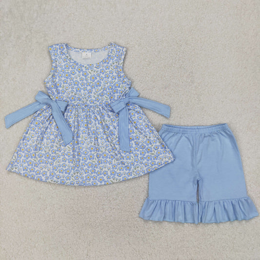 RTS NO MOQ GSSO2204 Blue flower bow sleeveless shorts set